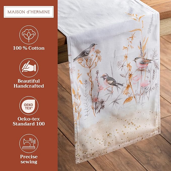 Maison d' Hermine Table Runner 100% Cotton Double Layer Table Runners 108 inches Long Decorative for Home Dining Party Wedding Bridal Shower Spring Summer (Meadow Florals - Beige, 14.50" x 108")