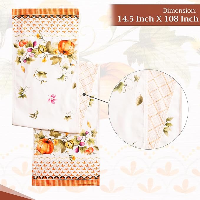 Maison d' Hermine Table Runner 100% Cotton Double Layer Table Runners 108 inches Long for Thanksgiving Christmas Decorations Home Kitchen Dining Wedding (Pumpkin Garden - Cloudy Cream, 14.5" x 108")