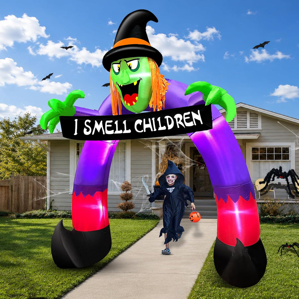 8ft halloween inflatables outdoor decorations witch holds banner showing dimensions
