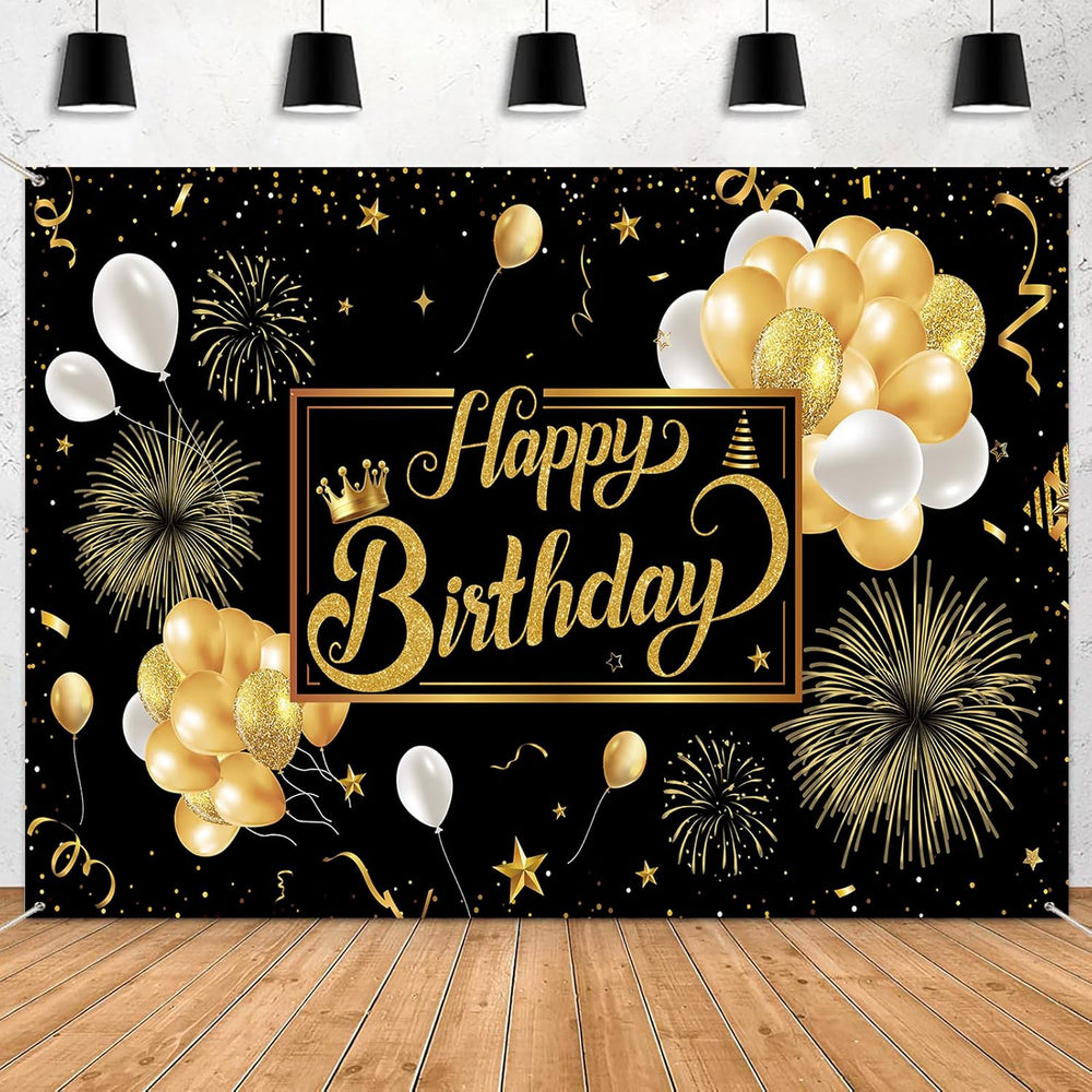 Black and Gold Happy Birthday Party Decoration Backdrop - 10x8ft Golden Ballo...