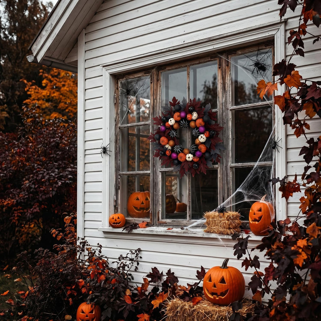 Halloween Ball Wreath for Front Door, 24" Pumpkin Fall Door Wreath