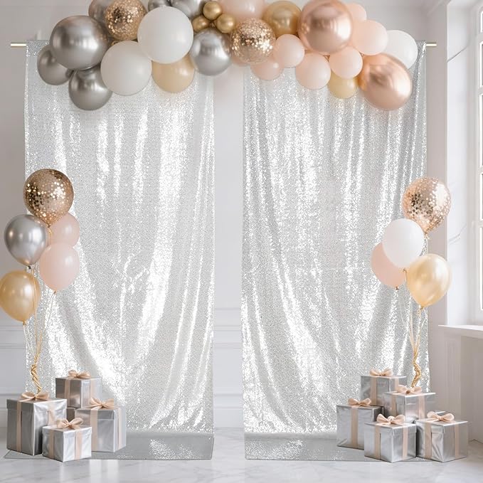 SquarePie Sequin Backdrop Curtain 8FT x 10FT Silver Satin Backing Fabric Photography Background for Wedding Patry 4FT x 10FT 2 Panels (2 PCS)