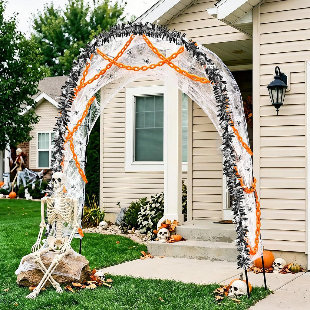 7Pcs Halloween Outdoor Arch Decor, 1 Arches 20 Spiders 3 Tinsel Garland