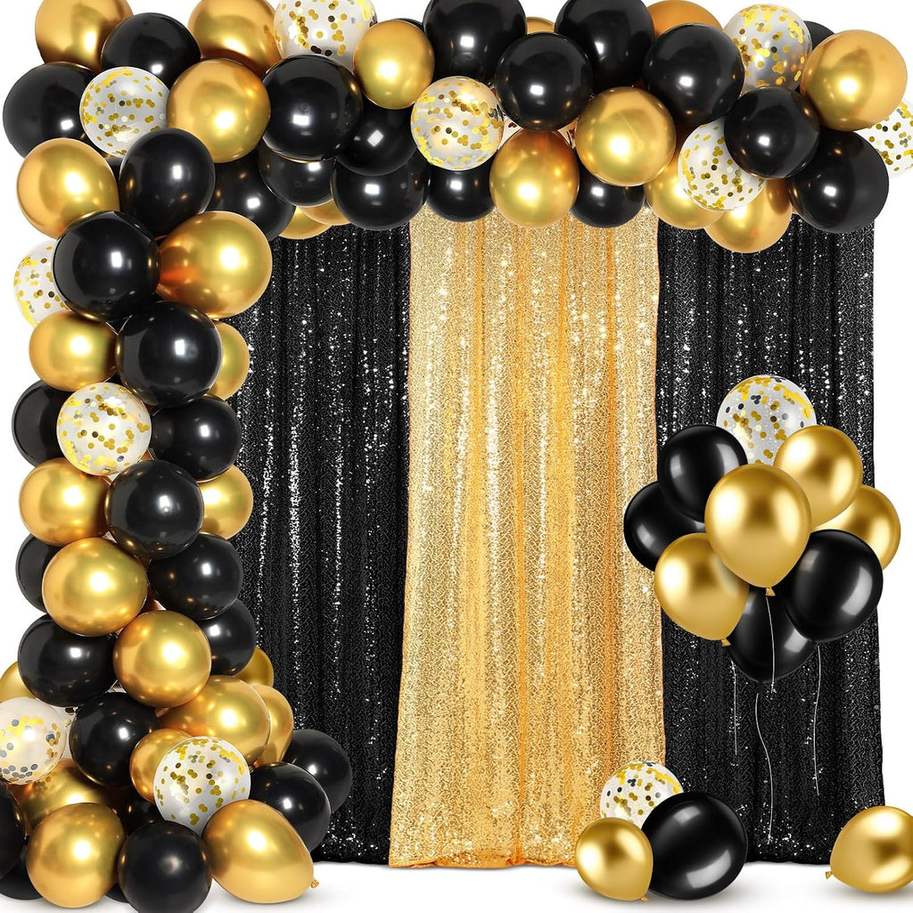 SmoothNovelty 137Pcs Black Gold Sequin Backdrop Curtain Balloon Garland
