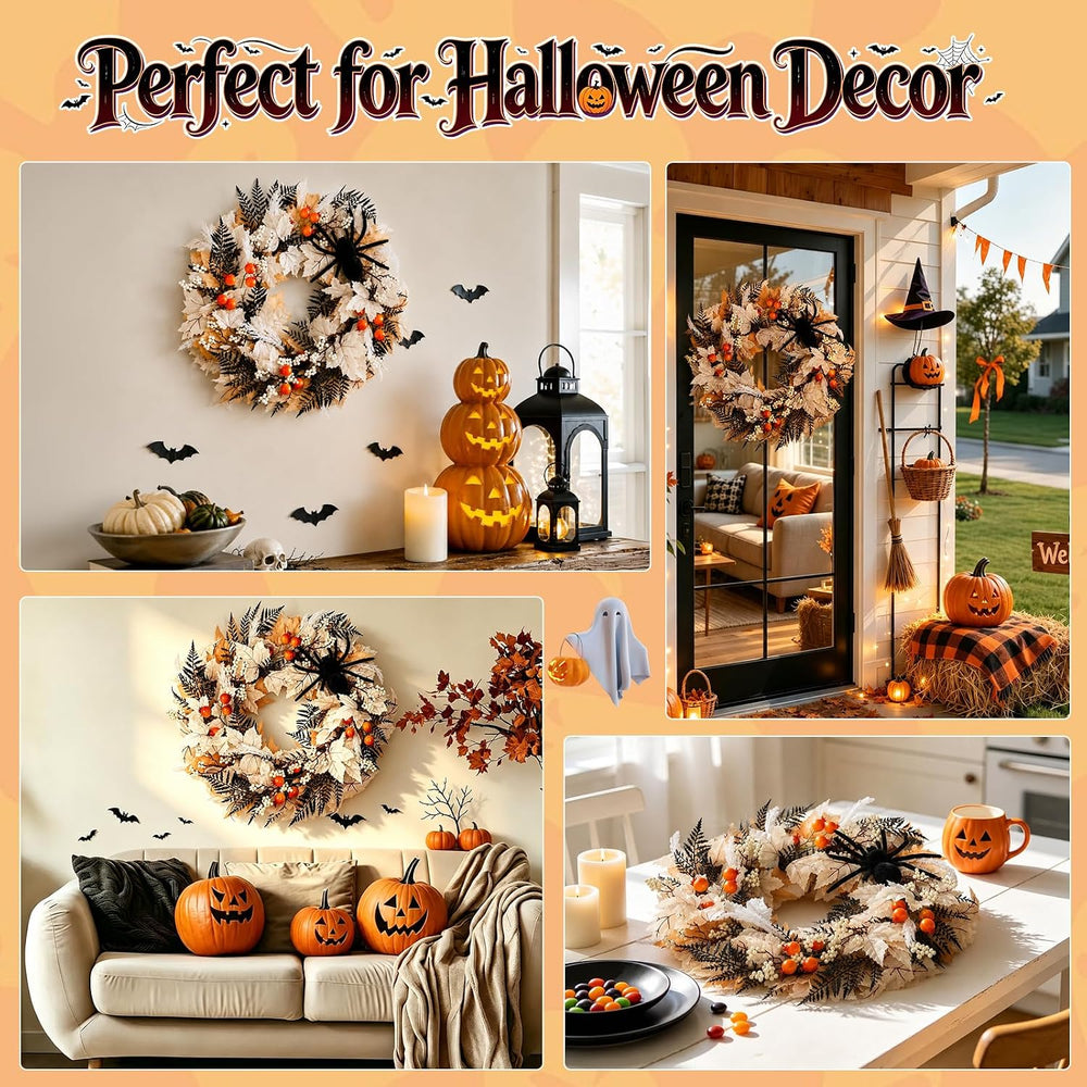 Grooy 22 Inch Halloween Wreath for Front Door with Spider Maple Leaf