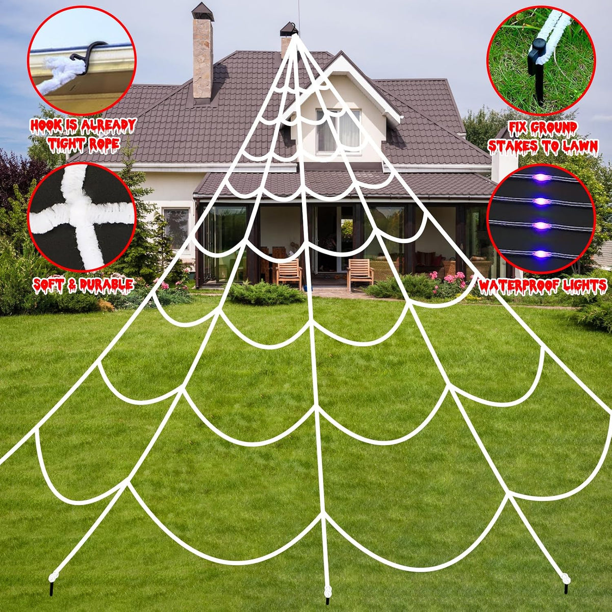 halloween decorations outdoor spider web: giant light up, close-up detail