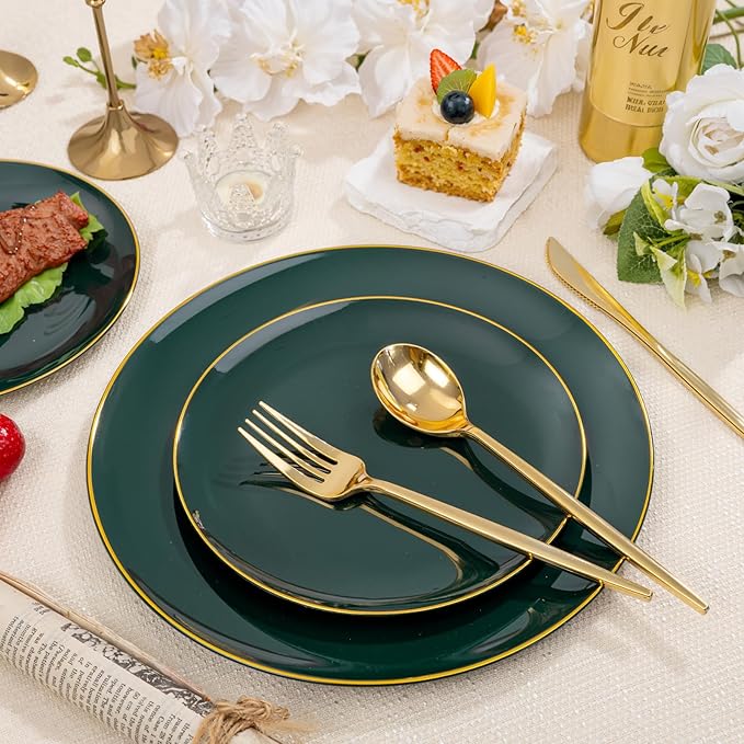 bUCLA 200PCS Green Plastic Plates - Green Disposable with Gold Rim Include 100 Dinner 10 inch & 100 Dessert 7 inch Plates, Ideal for Party & Christmas