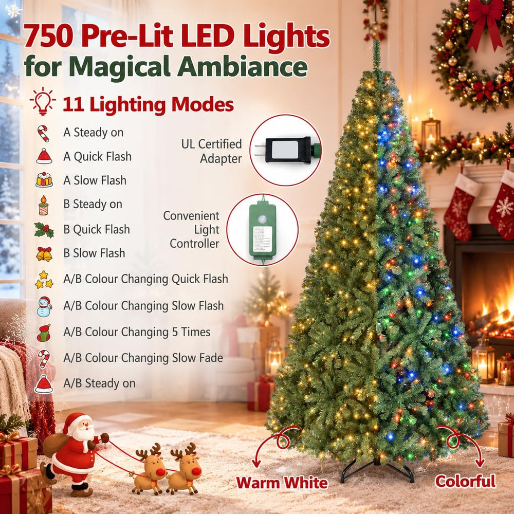 COSTWAY 8FT Pre-lit Artificial Christmas Tree w/750 LED Lights, Easy Setup