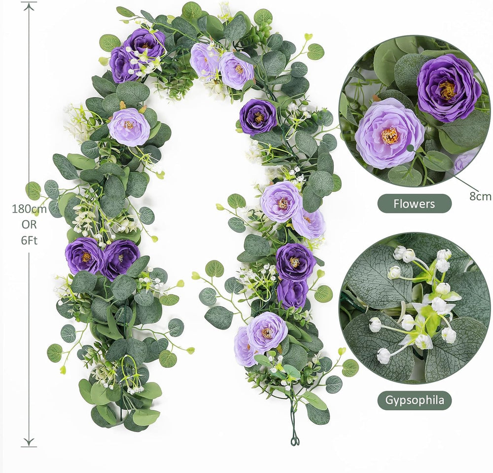 TOCHGREEN 4 Pack Artificial Eucalyptus Flower Garland with Purple Roses