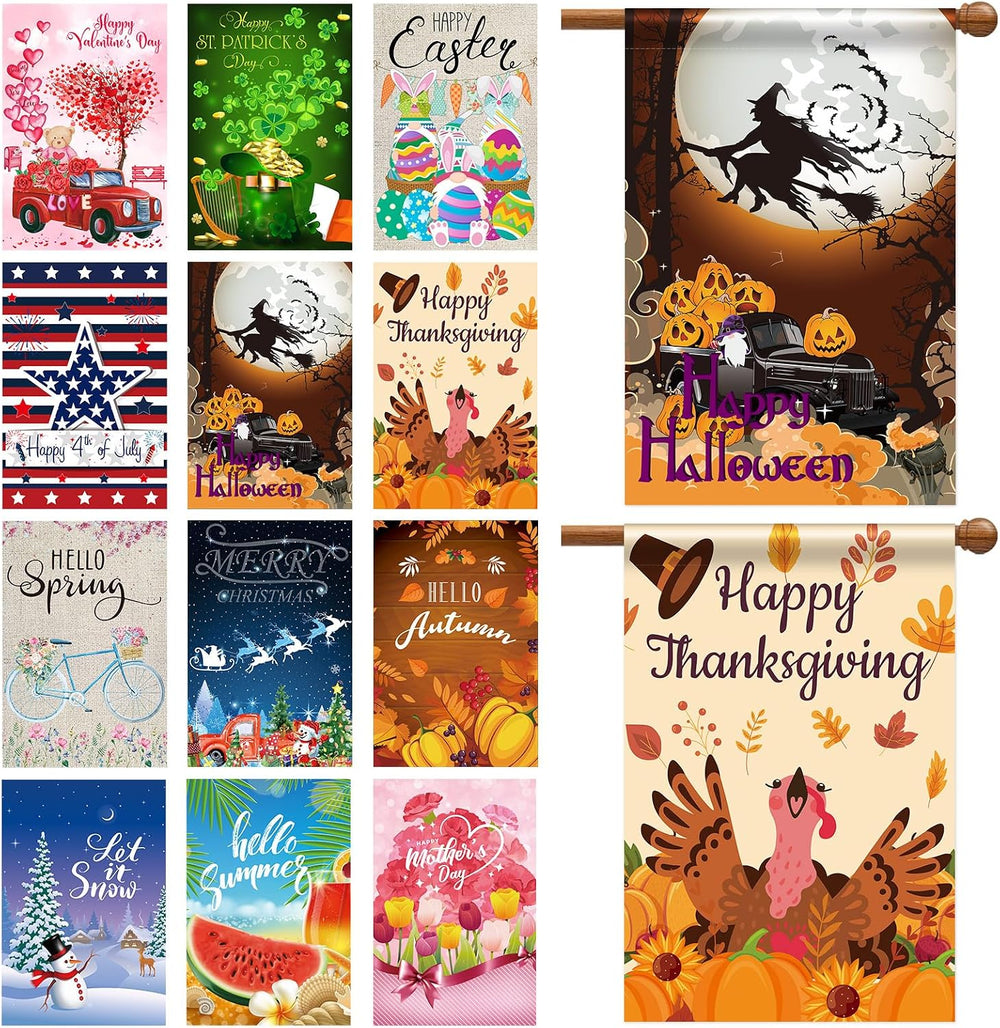12 Pack Seasonal Yard Flags 28x40 in Double Sided Fall Holiday