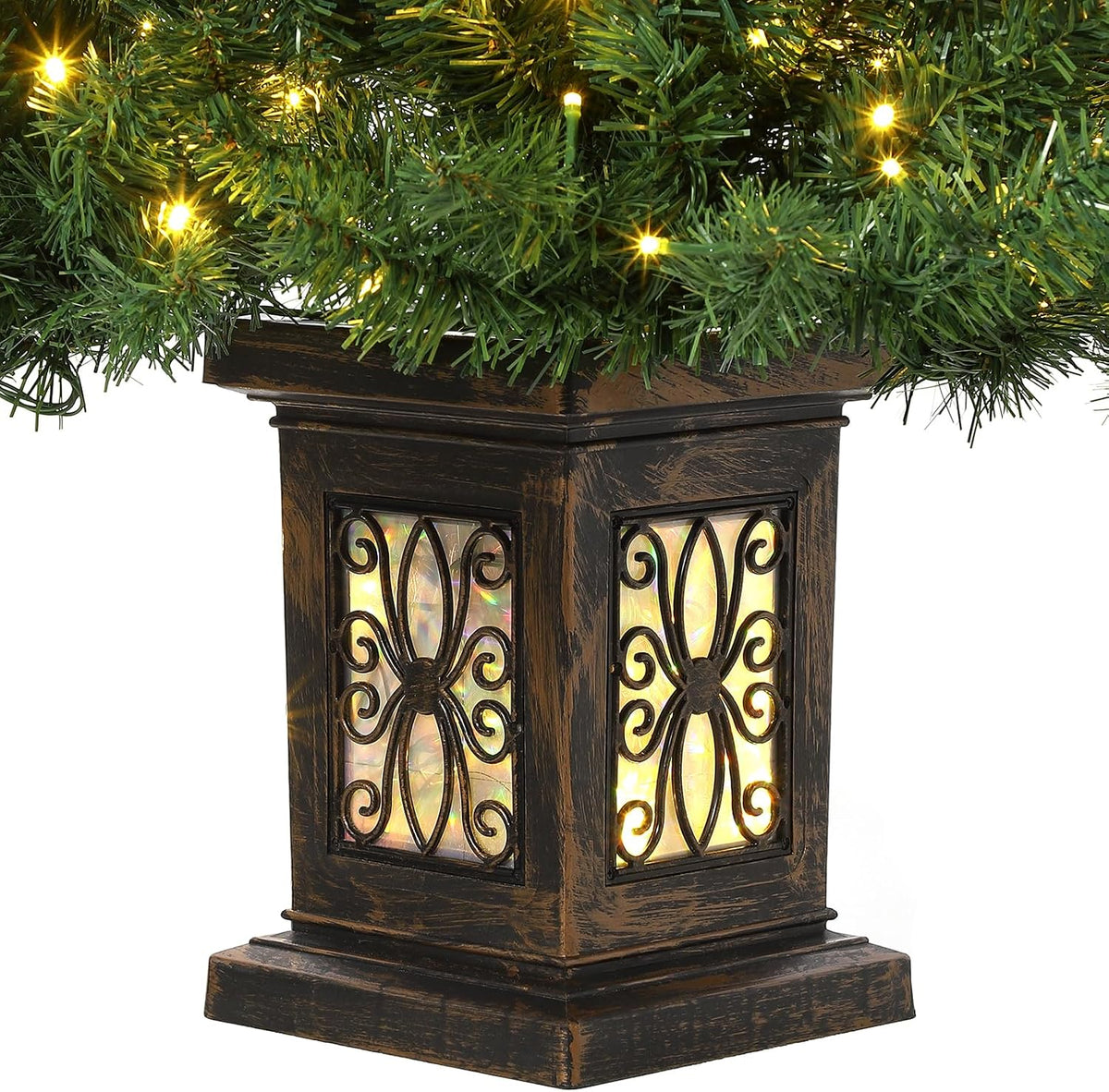 GarveeHome 4.5 Ft Artificial Fiber Optic Christmas Tree, Pre-Lit Artificial Potted Xmas Tree with 300 Led Lights, 8 Lighting Modes, Includes Antique Urn Base, 1 PCS
