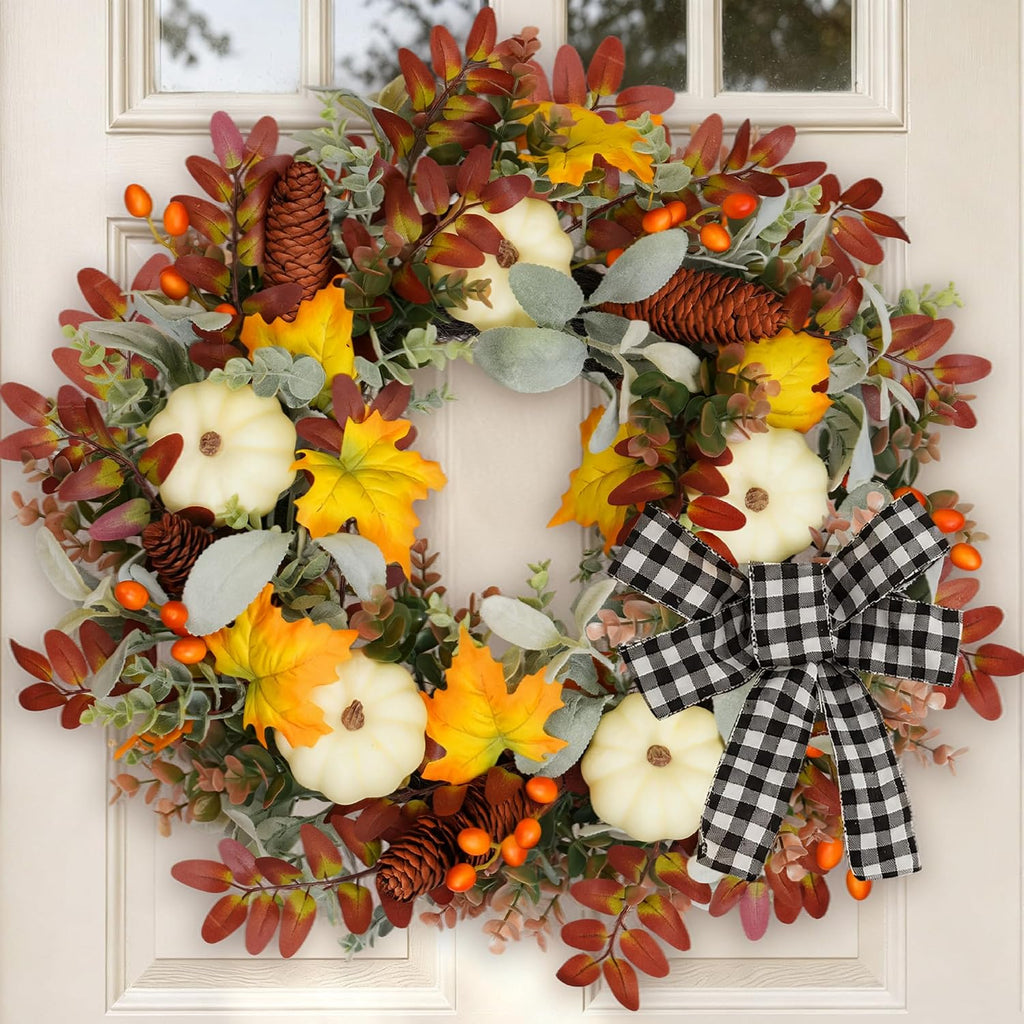 Grooy 24 Inch Fall Wreath for Front Door with Artificial Pumpkin Bow