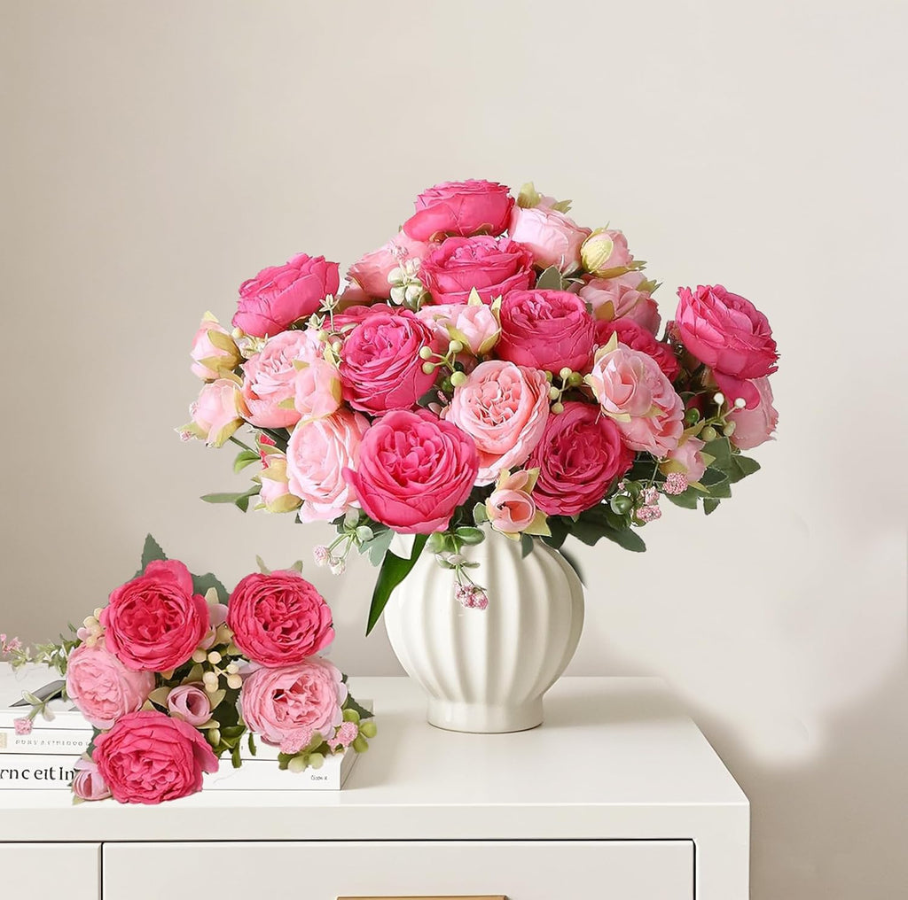 Pink Peonies Artificial Flowers 12 Bouquets,pink Flowers Lifelike Silk Fake Peonies with Stems for Home Table Centerpieces, Wedding, Party & DIY Bridal Floral Arrangements (12, Rose Red + Pink)