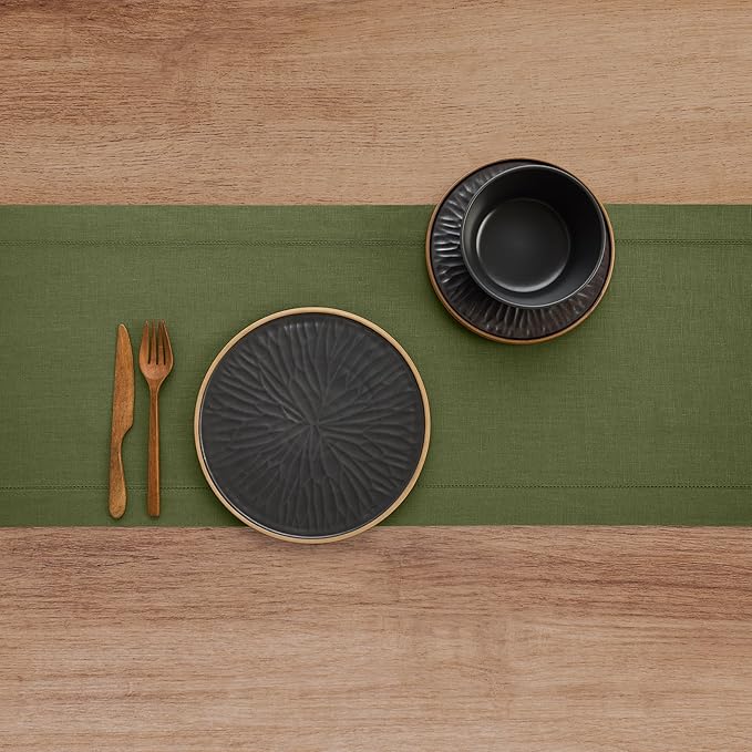 Solino Home Linen Olive Table Runner 144 Inches Long - 100% Pure Linen Extra Long Table Runner 14 x 144 Inch for Fall, Autumn, Thanksgiving - Classic Hemstitch