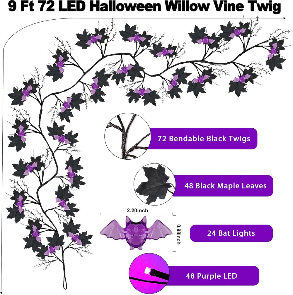 9FT 72 LED Halloween Willow Vine Twig Decor Black Halloween Garland with Bat ...