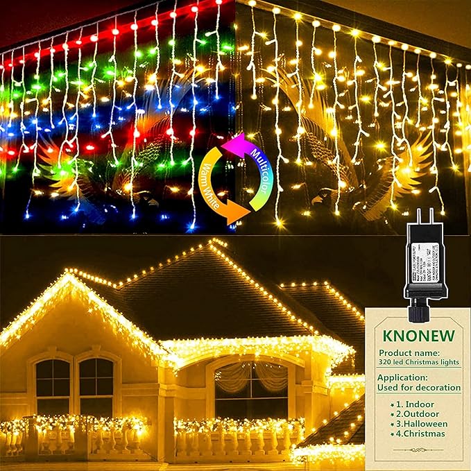 KNONEW Christmas Lights Outdoor Color Changing 400 LED 33ft 11 Modes Curtain Fairy String Light with 75 Drops, Clear Wire LED Lights for Wedding Party Holiday Christmas (Warm White to Multicolor)