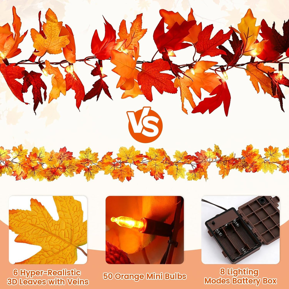 2Pack 9Ft 50 LED Maple Leaf Garland Battery Operated with Timer,8 Modes Water...