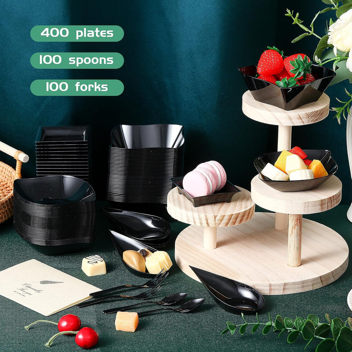 mini appetizer plates disposable, classic style, black, side view