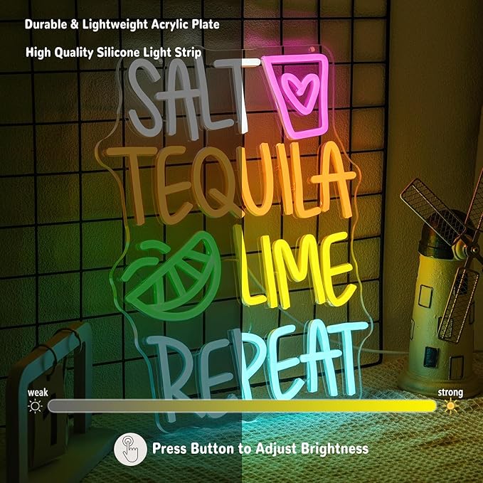 Salt Tequila Lime Repeat Neon Sign for Wall Decor Tequila Neon Light Letter LED Neon Sign Colorful Led Neon Light for Bar Shop Man Cave Kitchen Decoration