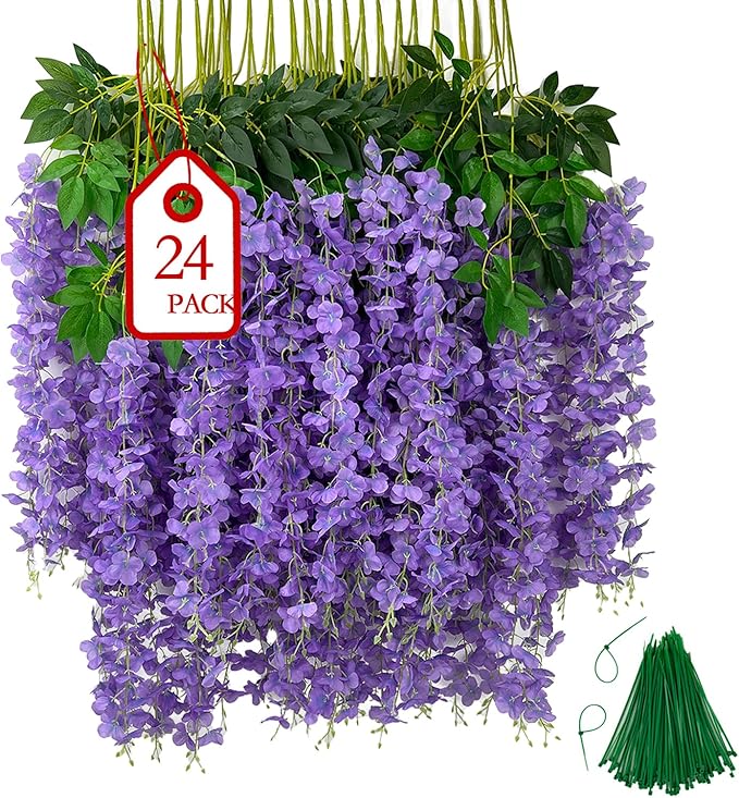 24 Pcs of Wisteria Hanging Flowers, 3.75 Feet Fake Wisteria Flower Strings, Artificial Wisteria Flowers Hanging Garland for Backdrop, Wedding, Ceremony,Garden and Home Wall Decoration (Light Purple)