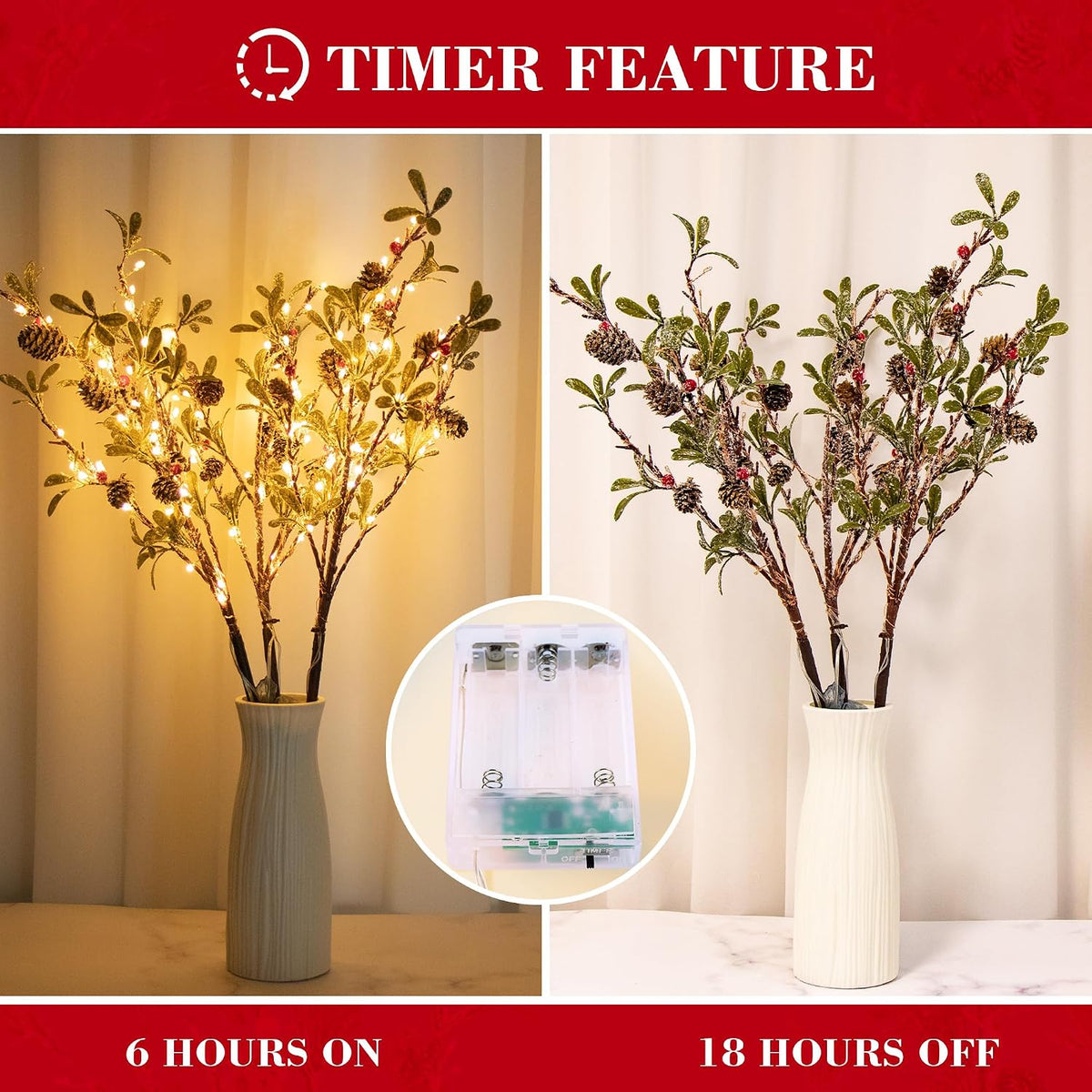 3 PCS Lighted Christmas Evergreen Sprig Branches Tree, Handmade Leaf Design with Snowflake Berries & Pine Cones, 147 Lights in Total, Timer and Battery Operated for Home Vase Indoor Outdoor