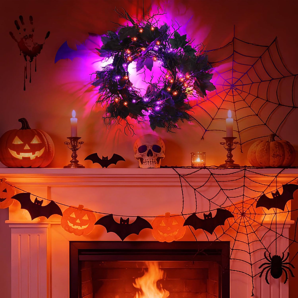 9 Ft 66 LED Willow Vine Twig Decor Black Halloween Garland with Orange Purple Lights, Timer 8 Modes Waterproof Battery Operated Indoor Halloween Decorations for Wall Fireplace Mantle Home Office Decor