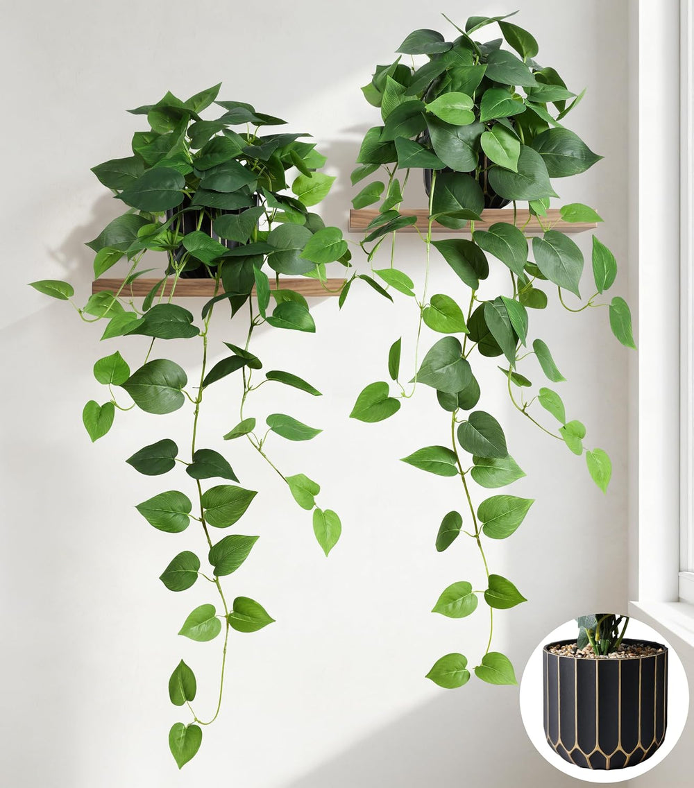 Fake Plants 2 Pcs Faux Pothos Plants Potted Indoor Artificial Hanging Plants ...