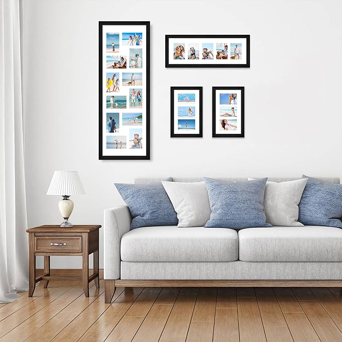 8x20 Picture Frame Set of 2, Rustic Black Wood Frame with Tempered Glass Collage Frame, Display Pictures Four 4x6 With Mat or 8 x 20 Without Mat - Horizontal or Vertical Wall Mounting