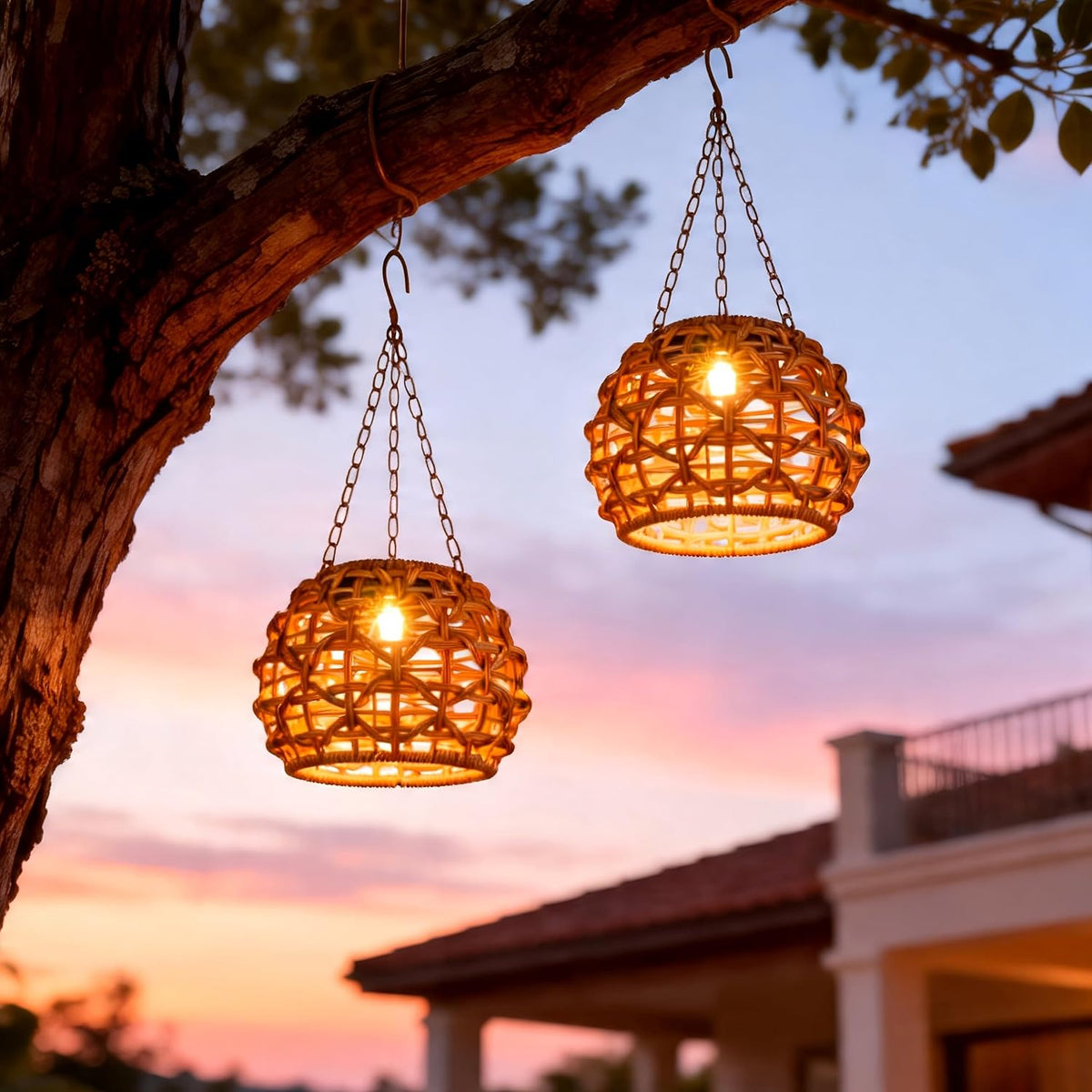 Hanging Solar Lanterns Outdoor Waterproof 2 Pack, Solar Chandelier Outdoor Hanging Lights for Outside Tree, 7.25in Rattan Boho Lanterns for Patio Decor Waterproof, Porch Garden Gazebo Apartment Yard