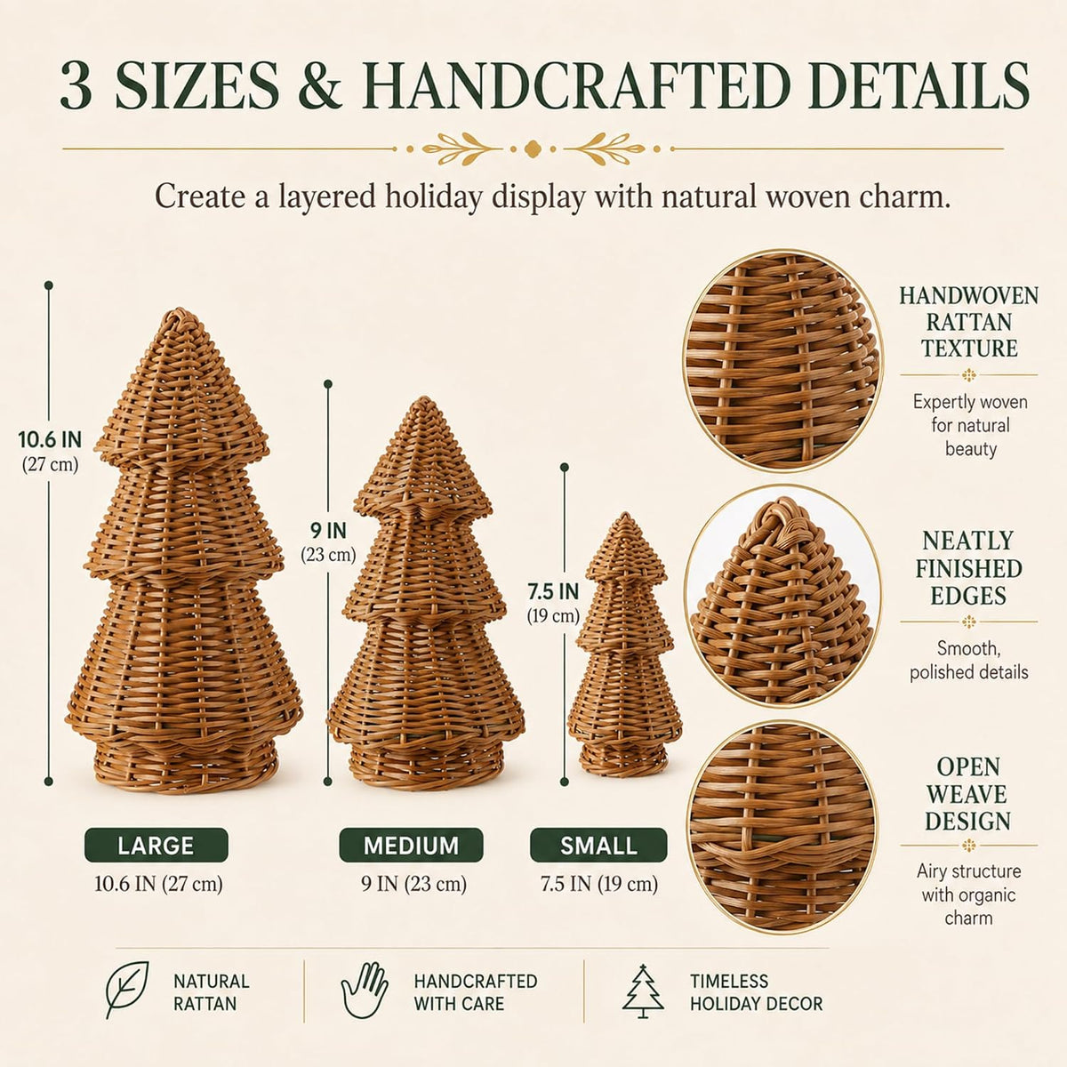 MiniInflat 3 Pcs Woven Rattan Christmas Tree Decor, Classic Weave, Burlywood