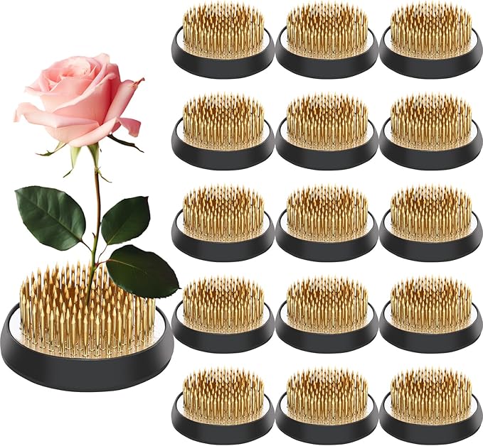 Sliner 16 Pieces Floral Frogs Round Flower Holder Japanese Ikebana Vase Kenzan Flower Flower Arranger Flower Fixed Tools Pin for Flower Arrangement Home DIY Craft (Gold,1.81 Inch)