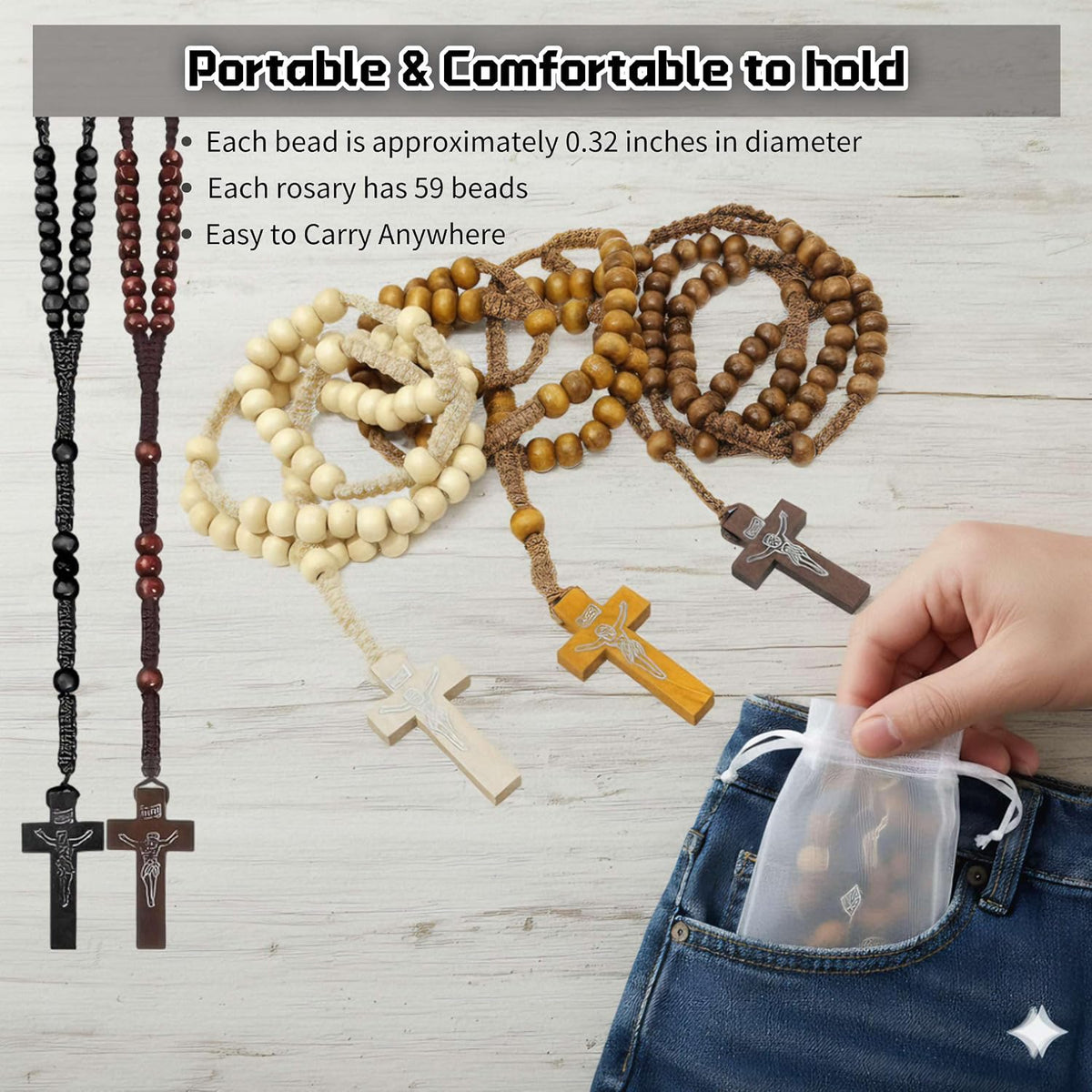 olive wooden rosary beads bulk, 5 colors showing dimensions