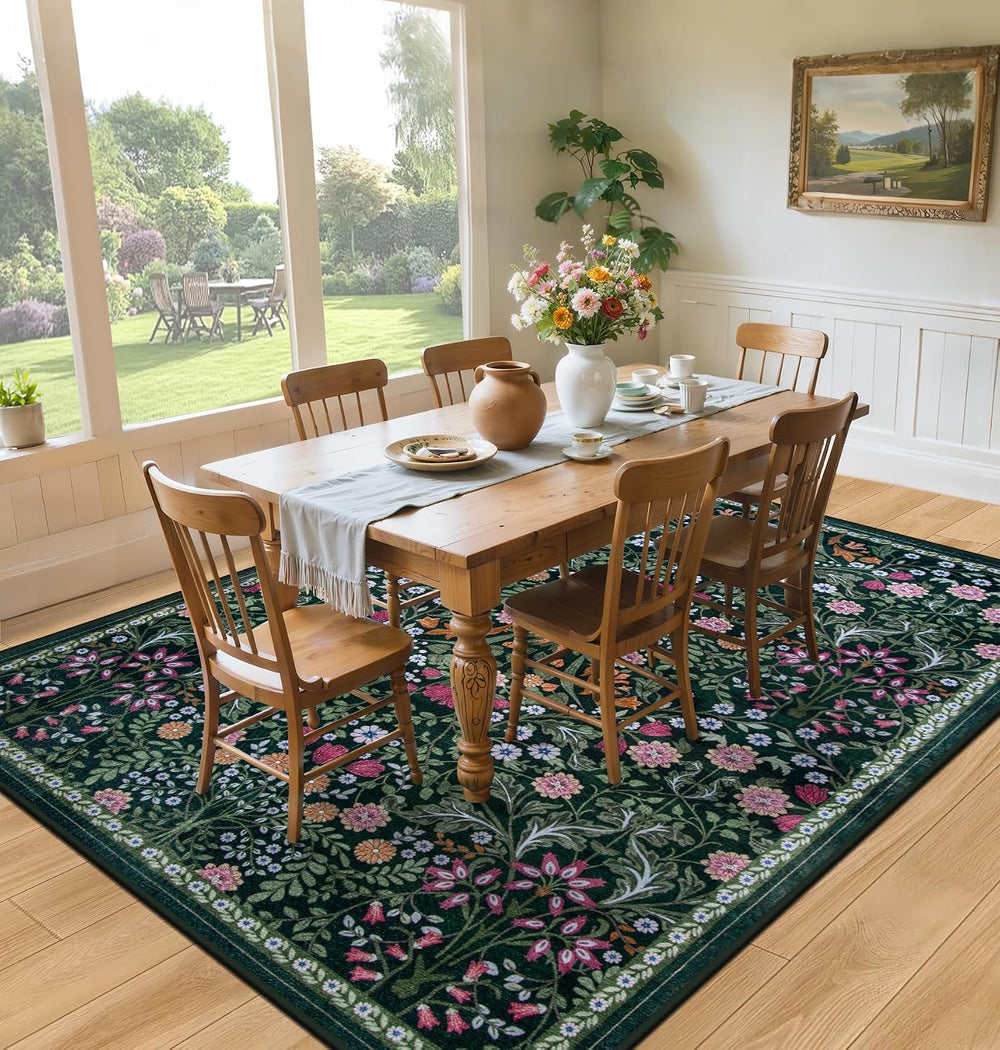 PLHXFR 8x10 Area Rug Living Room: Floral Washable Boho Carpet Dark Green
