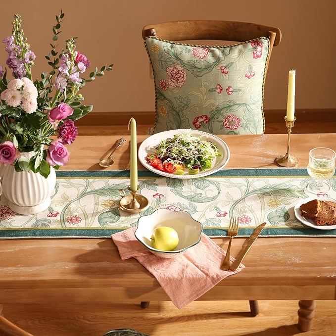patdrea Designer Green Floral Extra Long Table Runner,French Elegant Vibrant Rustic Linen with Green Leaves Patterns Fabric Table Mat,Decoration for Kitchen Dining Room Banquet Christmas,12"*118"