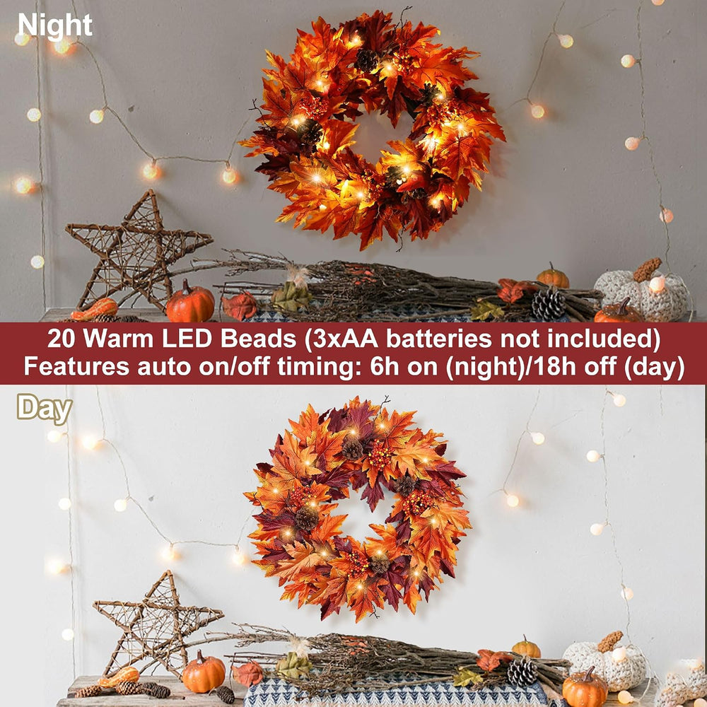 Ghrdopy 24in Fall Wreath for Front Door with 20 Lights & Timer