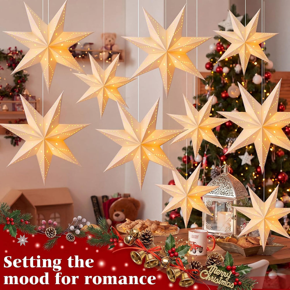 Youyole 12 Set Christmas Paper Star Lantern with Lights, 7 Pointed