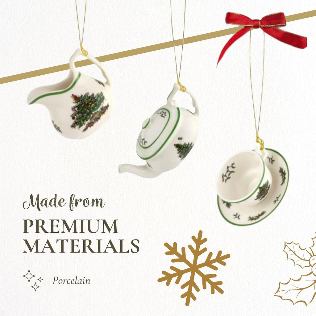 spode christmas tree 3-piece tea set ornaments showing dimensions