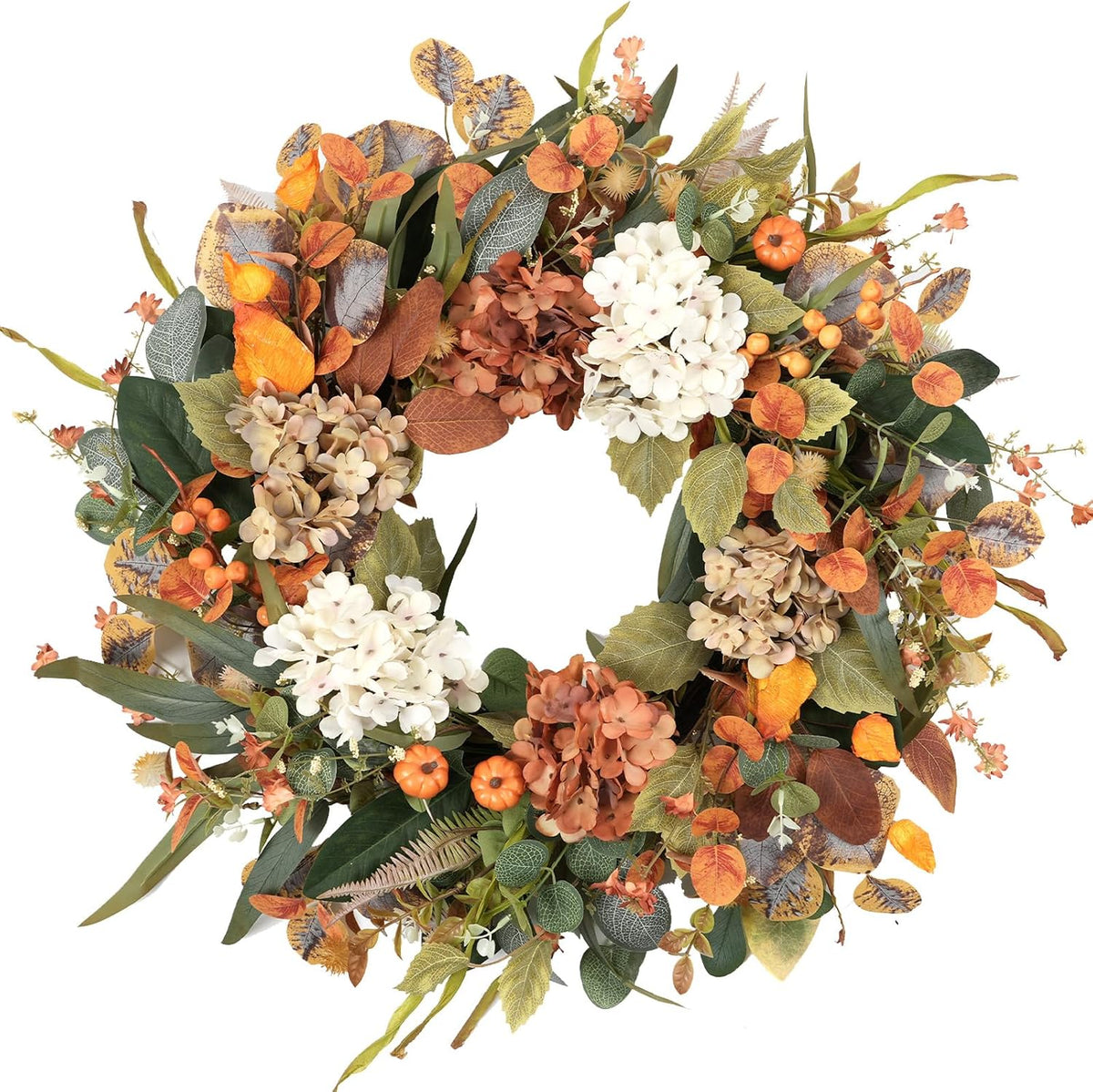 Idyllic 24'' Fall Wreath Orange Pumpkins Hydrangea for Front Door