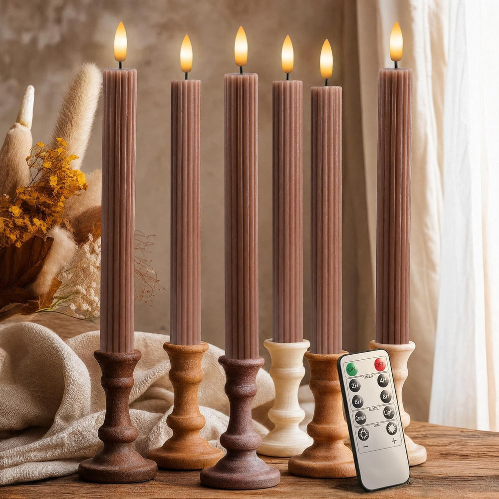 6 Pack, 10" LED Flameless Real Wax Brown Tan Fluted Ribbed Grooved Taper...