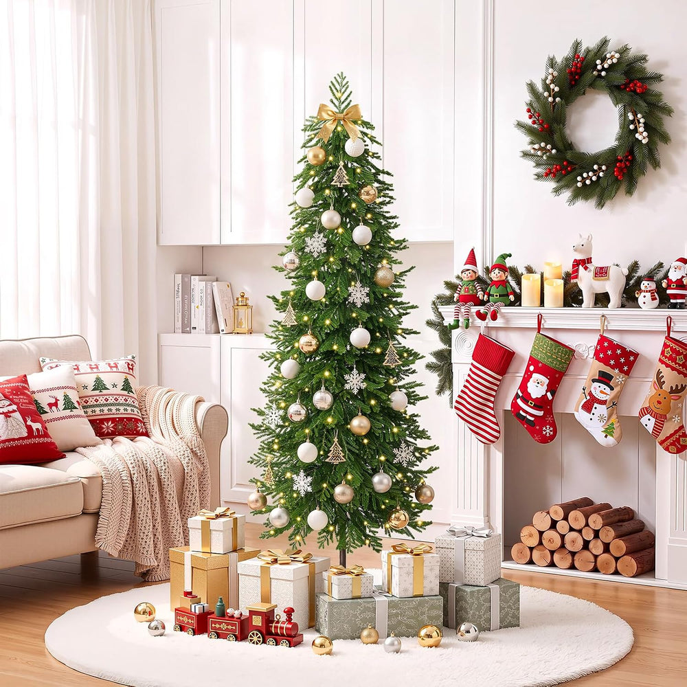 6Ft Pre-Lit Skinny Christmas Tree， Slim Pencil Xmas Tree