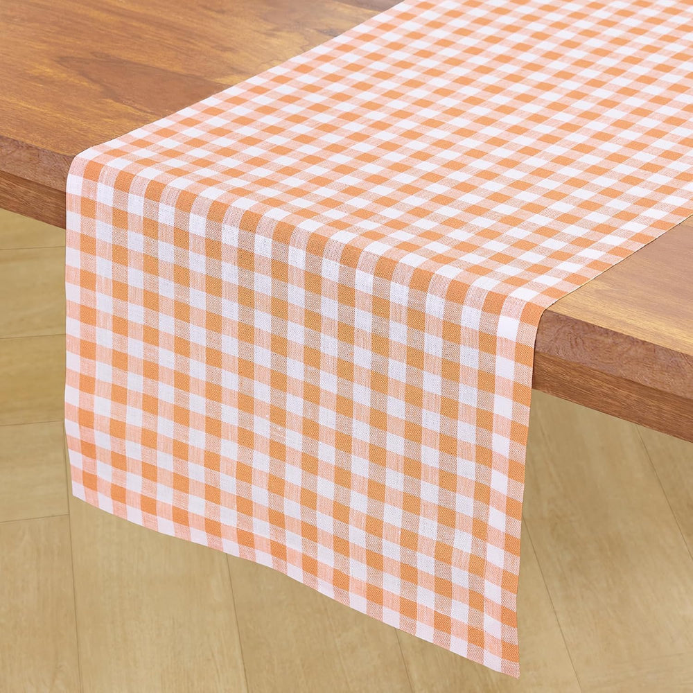 Solino Home 100% Pure Linen Table Runner Apricot, Gingham Check 14 x 90 in