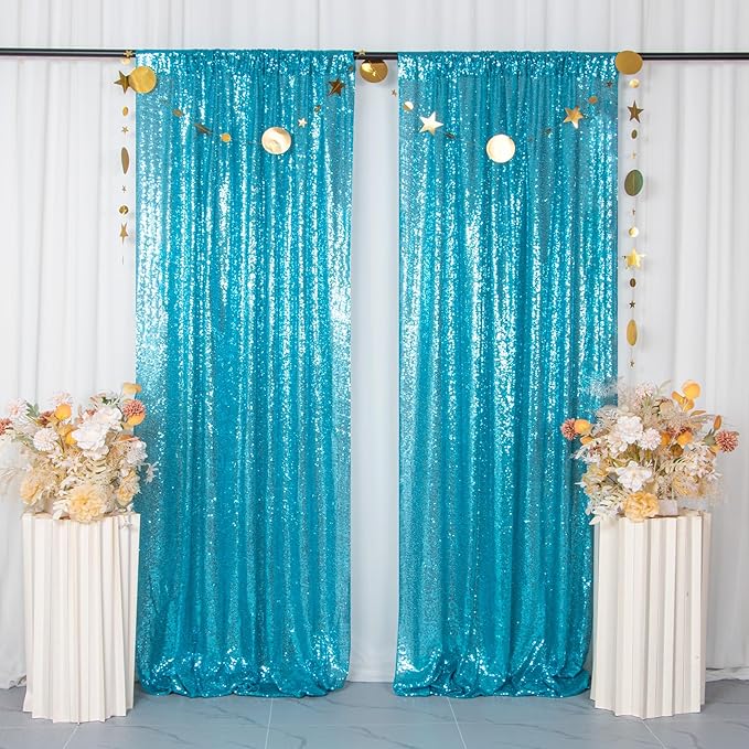 ShinyBeauty Sequin Curtains 4 Panels - Aqua Blue Shimmer Backdrop for Mermaid Parties & Baby Showers Shimmer Fabric Backdrops(2FTx8FT, Turquoise)