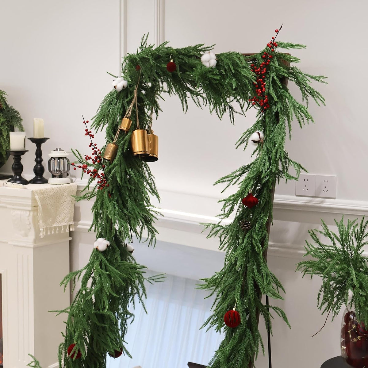 9FT Christmas Norfolk Pine Garland Real Touch for Mantle Decoration