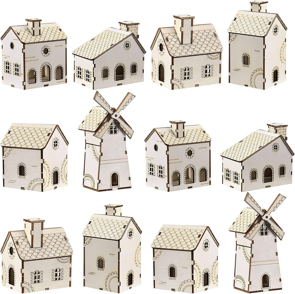 Hiboom 24 Pcs DIY Wooden Christmas Village House, Gingerbread House