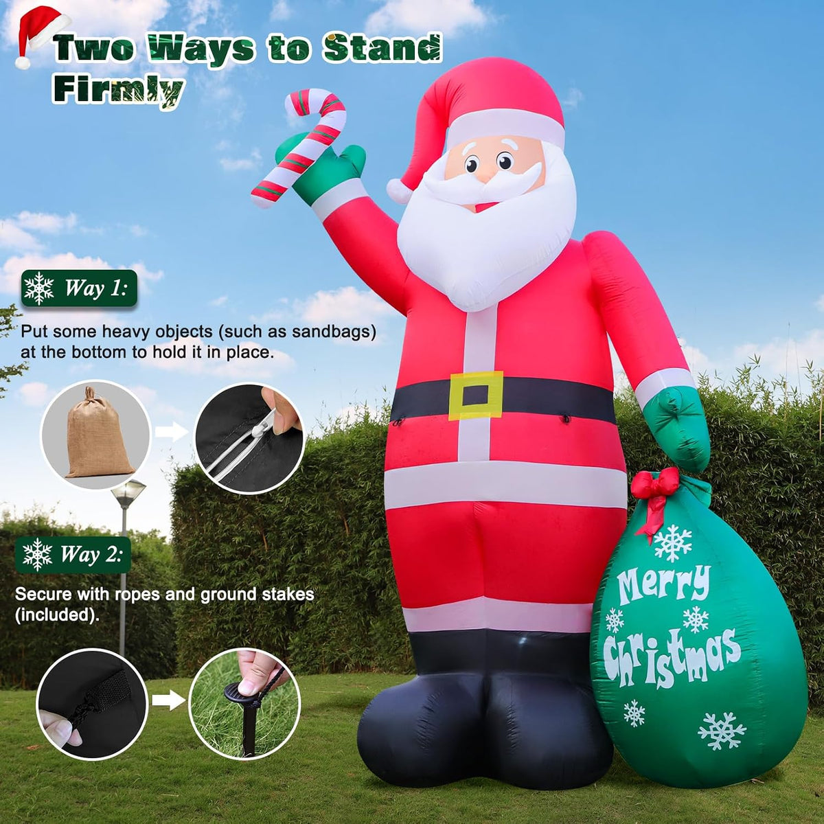 6 ft christmas inflatable santa with candy and showing dimensions