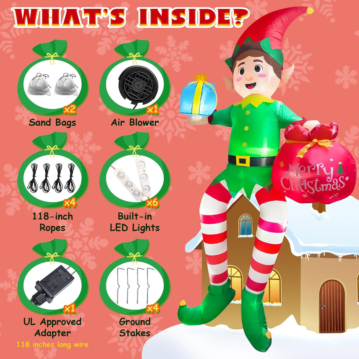 10FT Christmas Inflatable Outdoor Decoration, Sitting Elf Holding Gift Bag Christmas Blow up Yard Decorations with Built-in LEDs, Buddy the Elf Inflatable for Lawn Garden Roof Xmas Roof Decor