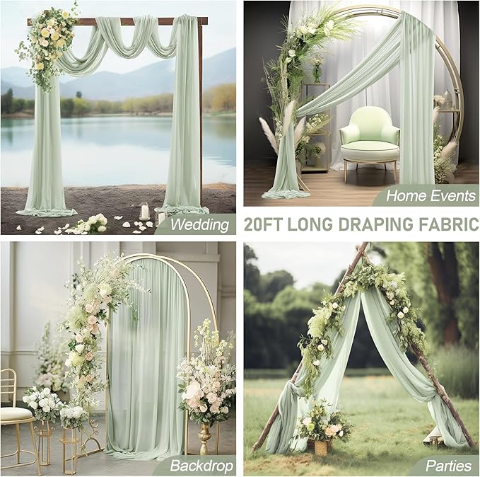 30" x 20Ft Wedding Arch Draping Fabric, 2 Panels Sage Green Sheer Curtain Drapes Extra Wide & Long Backdrop Curtains for Wedding Arch Ceremony Birthday Party Decorations