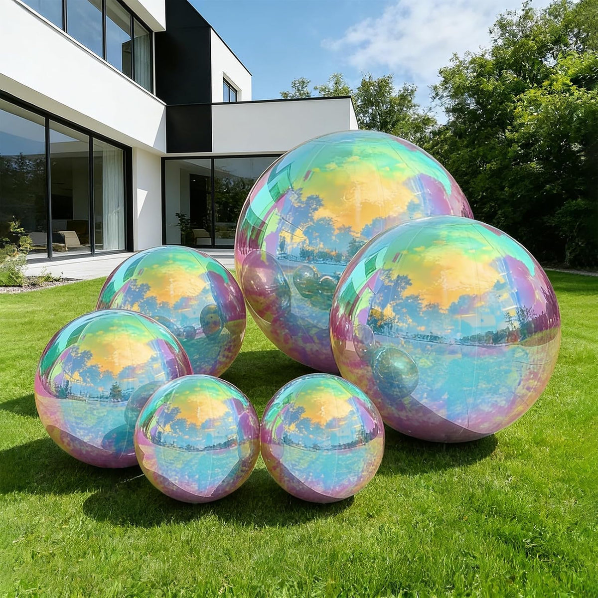 6PCS Inflatable Mirror Ball Set,Reusable PVC Mirror Balls Large Event Decoration Hanging&Standing Balloon with Electric Pump for Event,Wedding,Party Decor(Iridescent, 6Pcs+Pump)