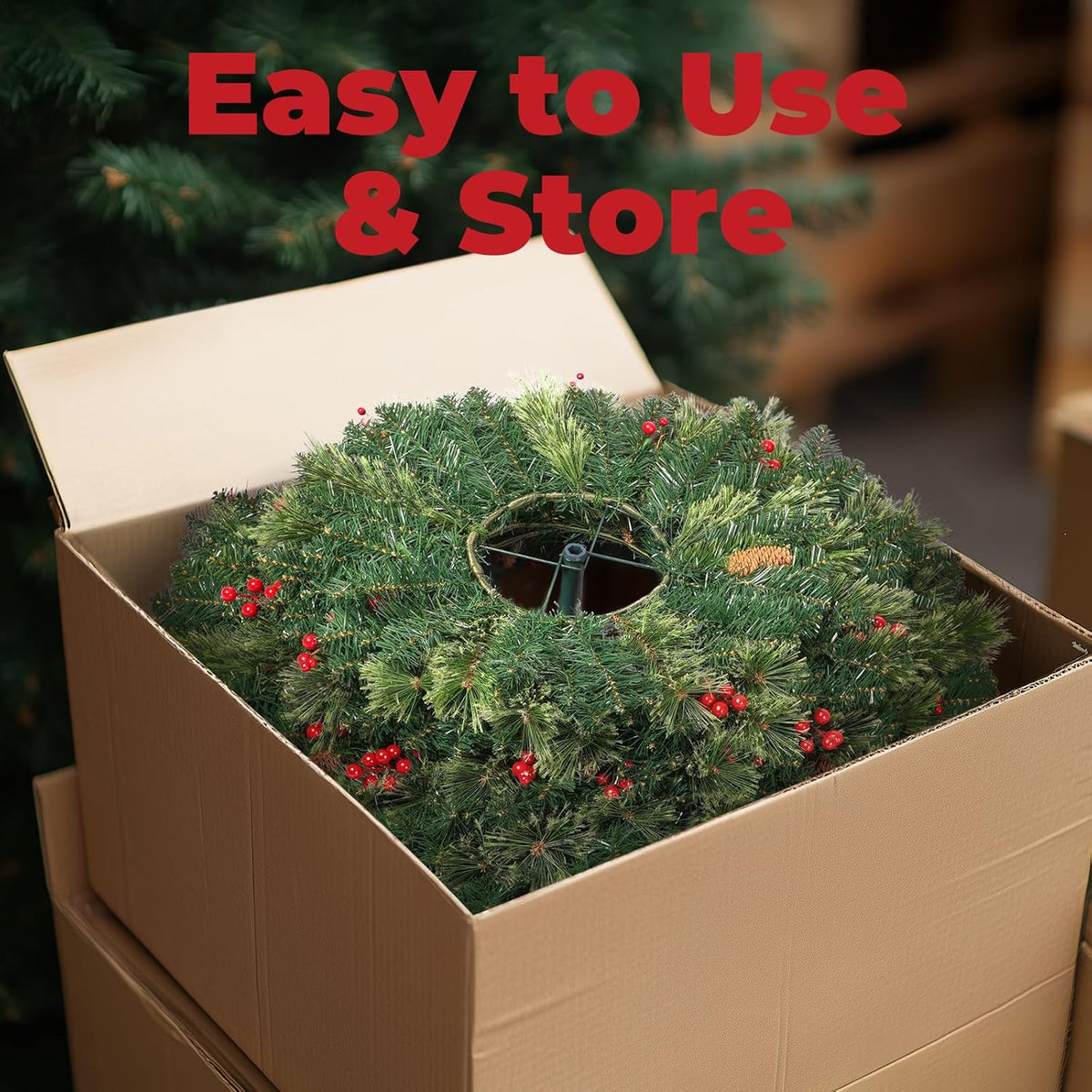 OasisCraft Christmas Tree, 6 FT Prelit Pop Up Christmas Tree with Lights, Artificial Christmas Tree Decorated with Berries and Pine Cones, Tall Foldable Tree with Metal Base, Green for Outdoor Indoor