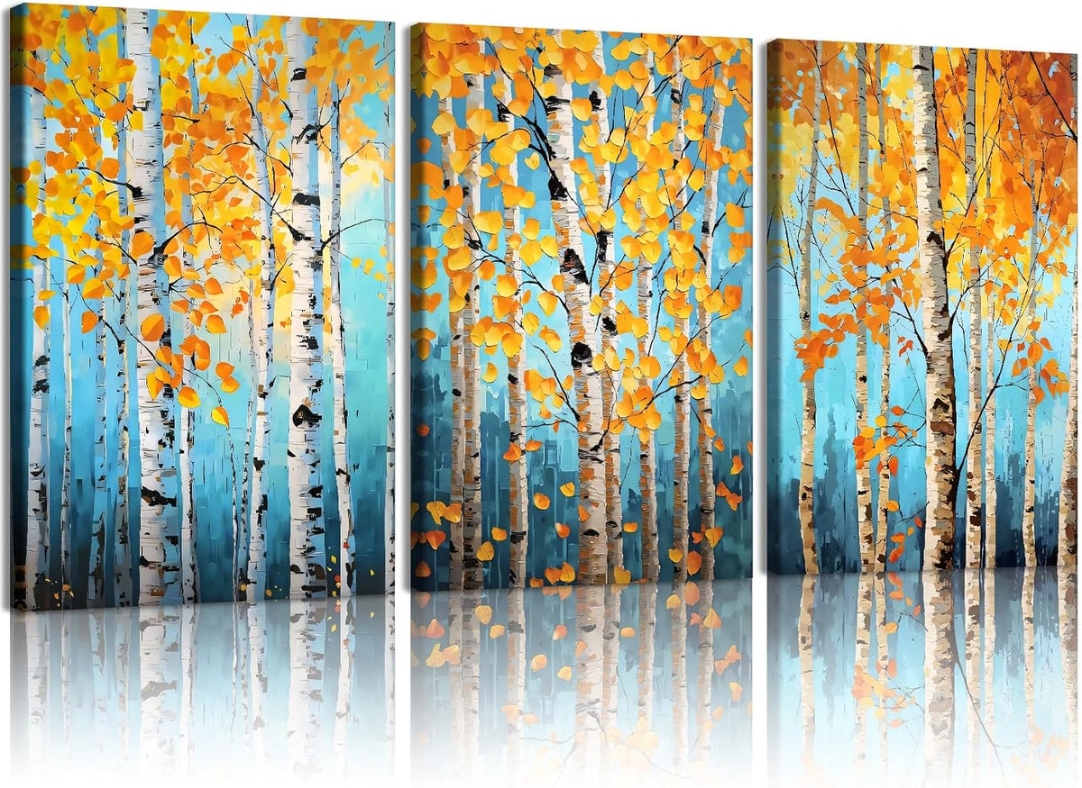 EEYNAQQ Birch Tree Wall Art, 3-Piece Teal Blue Autumn Forest Canvas Painting, Yellow Leaf Natural Forest Picture Wall Decor for Living Room Bedroom, 16x24 Inches Ready to Hang